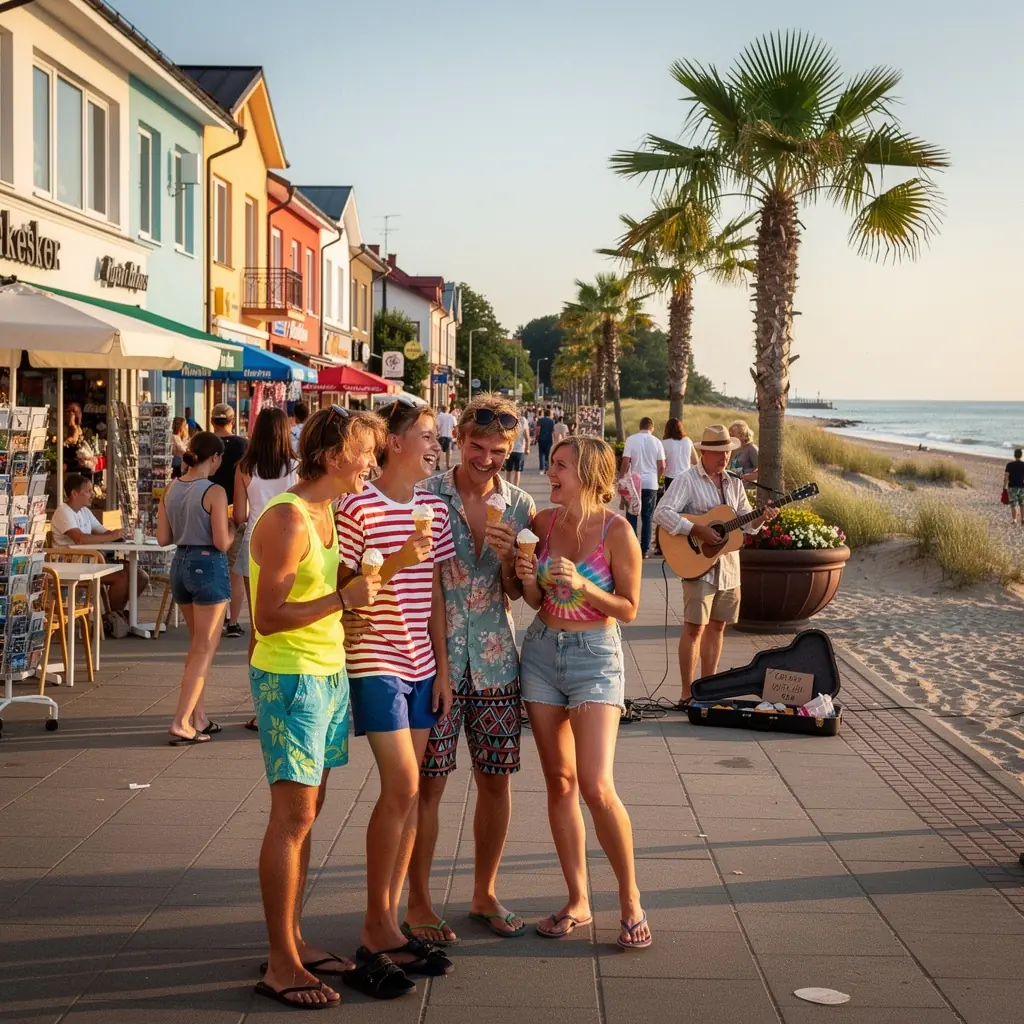 An aerial shot of the stunning Jūrmala beach with golden sands and people enjoying the sun.
